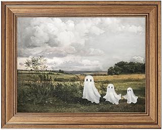 Vintage Halloween Wall Art, Gold Framed Cute Ghost Rustic Landscape Painting, Aesthetic Spooky Farmhouse Decor, Fall Seasonal Canvas Picture for Mantel, Living Room, Bedroom, Shelf Display (12"L x 9.5"W)