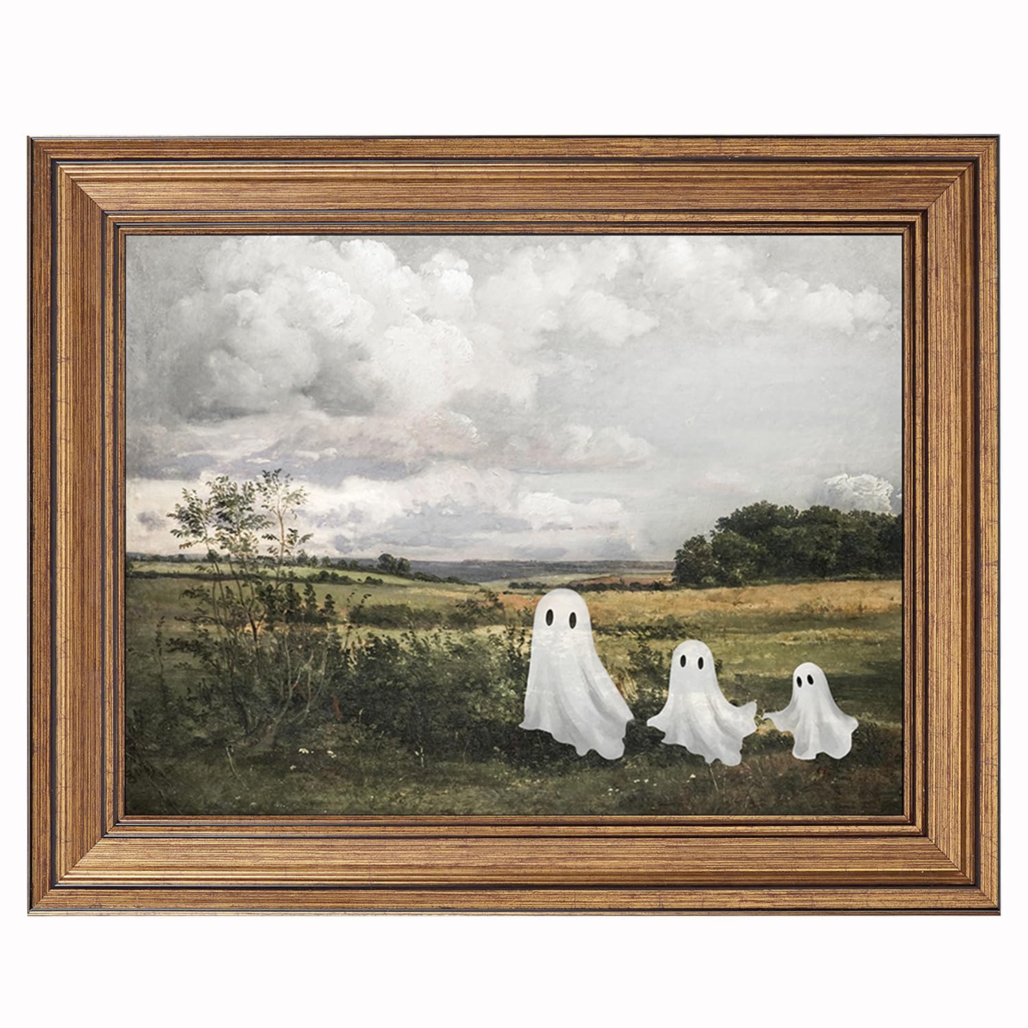 Vintage Halloween Wall Art, Gold Framed Cute Ghost Rustic Landscape Painting, Ae