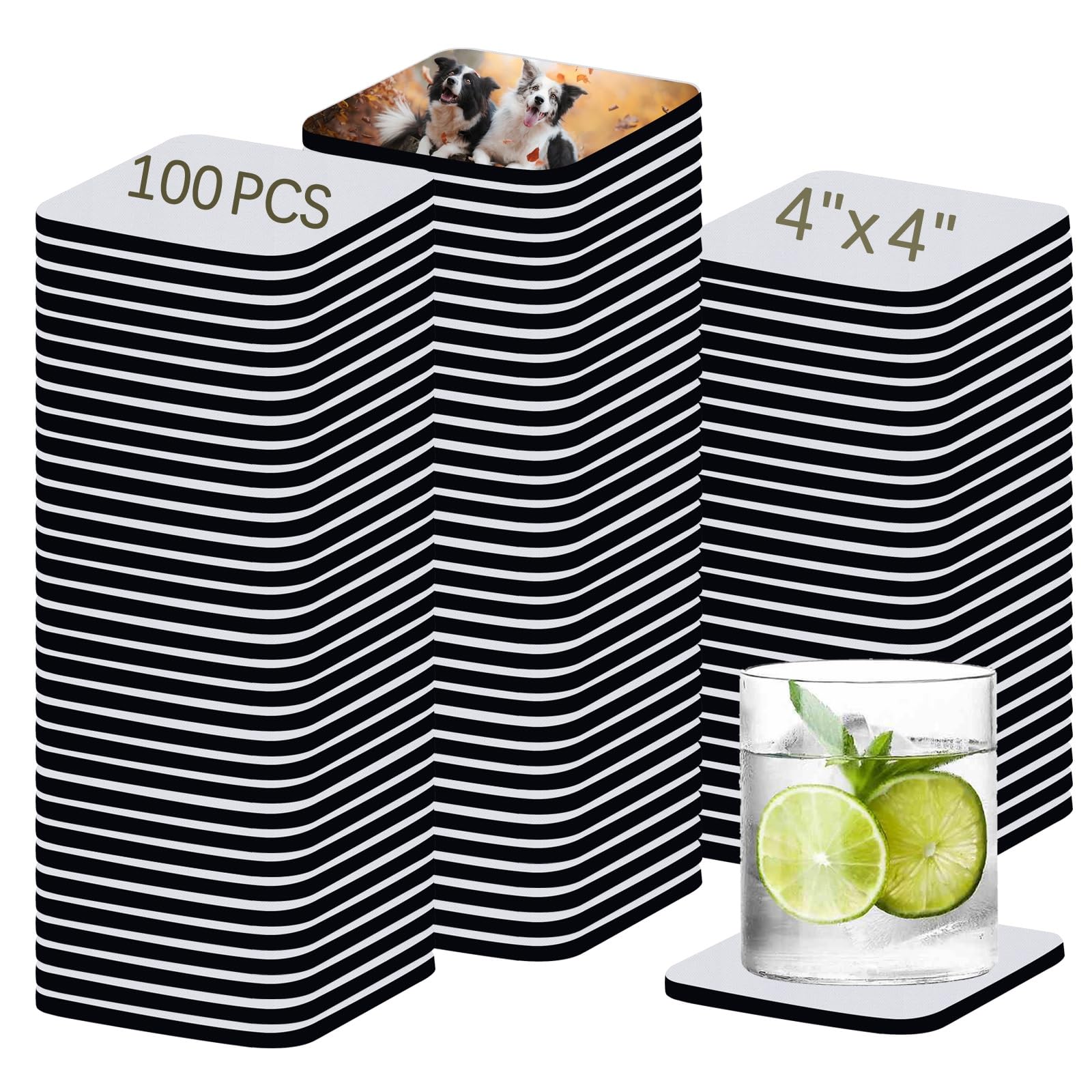 100 PCS Sublimation Blank Cup Coasters Bulk, 4x4 Inch Square Blank Cup Mat Rubbe