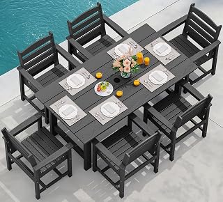 SERWALL 7 Pcs Outdoor Dining Set, 67" HDPE Dining Set for 6, Black | Outdoor Dining Furniture with Rectangular Table & 6 Chairs, All-Weather Resistant Dining Set