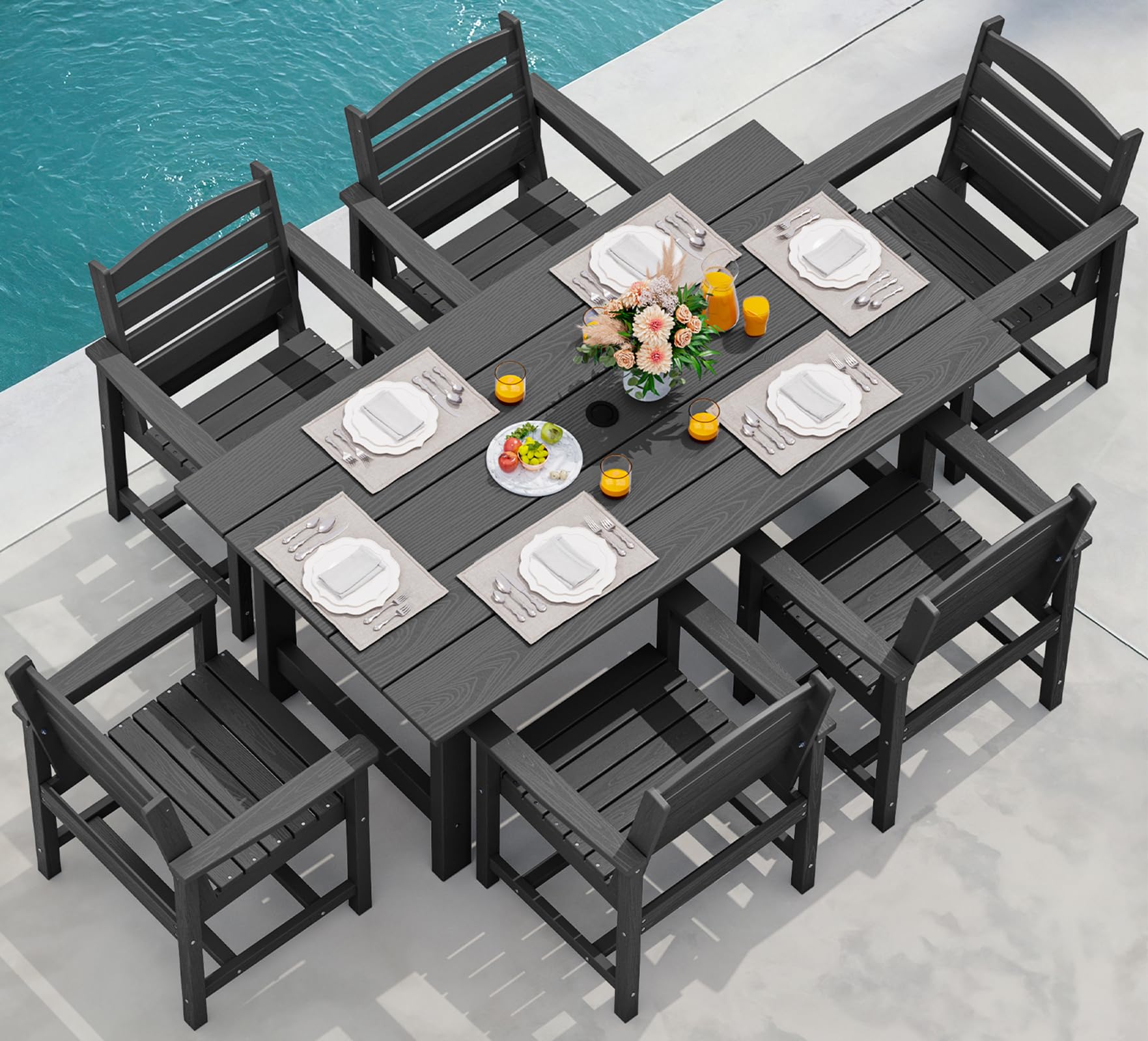 SERWALL 7 Pcs Outdoor Dining Set, 67" HDPE Dining Set for 6, Black | Outdoor Din