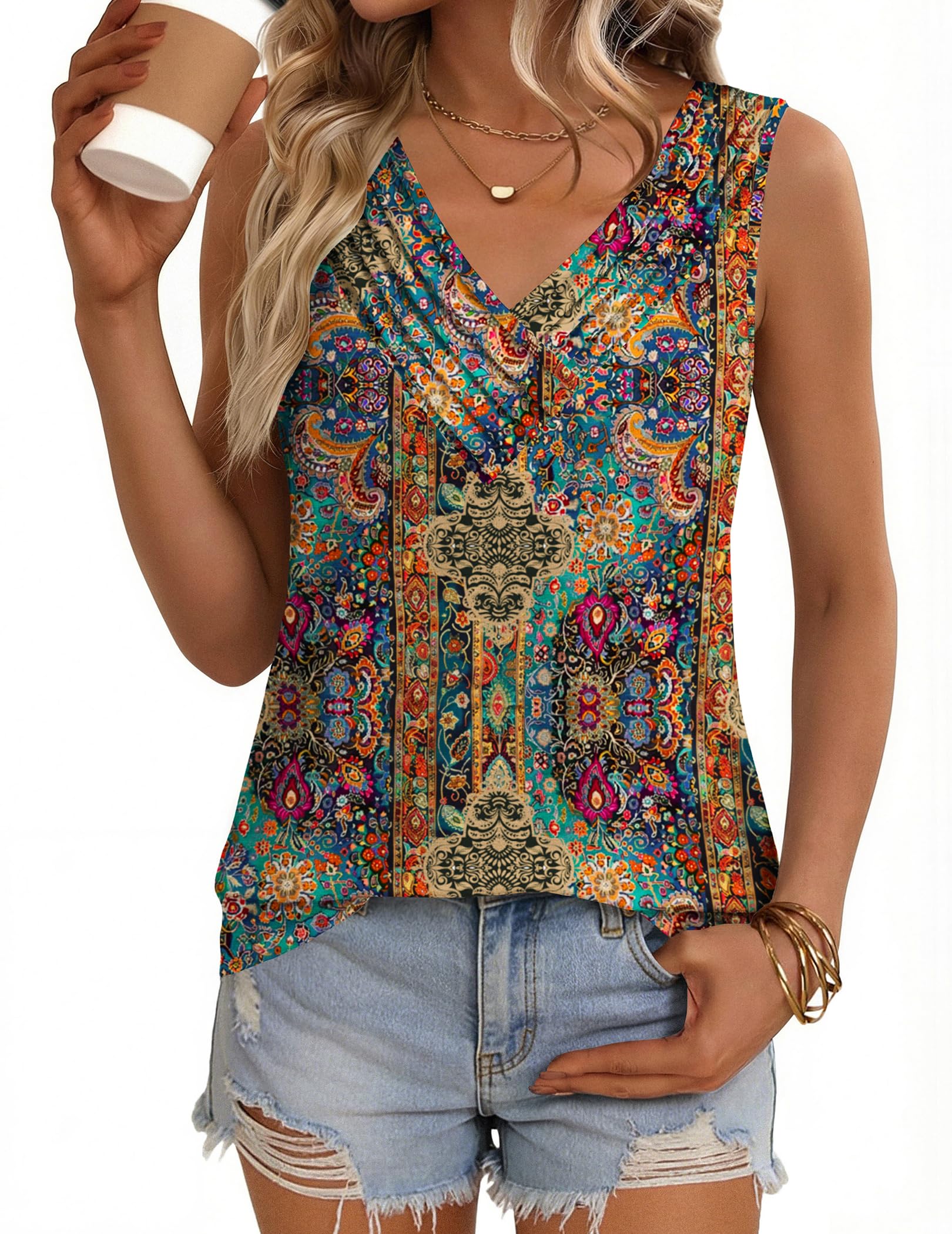 Zeagoo Camiseta sin Mangas para Mujer, sin Mangas, Holgada, Cuello en V, Plisada