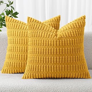 MIULEE Decorative Corduroy Cushion Covers Soft Striped Modern Farmhouse Home Decor Pillow Covers for Sofa Living Room Couch Bed Mustard Yellow 12x12 Inch Pack of 2