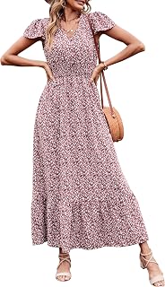 PRETTYGARDEN Women's Bohemian Short Sleeve V Neck Swiss Dot Ruffle Midi Dress Ruched Cocktail Maxi Dress