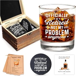 Retirement Gifts for Men Whiskey Glass Set - Retired 2026 - Retirement Party Decorations, Supplies - Gifts Ideas for Him, Dad, Husband, Friends - Wooden Box, Coaster, Recipe Cards & card