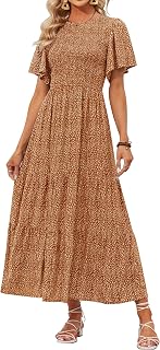 ZESICA Women 2024 Summer Casual Floral Print Short Flutter Sleeve Round Neck Smocked High-Waist Flowy Maxi Dress