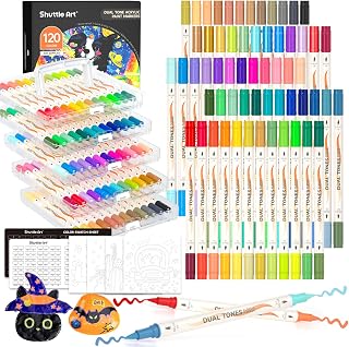 Shuttle Art 120 Colours Acrylic Paint Pens, 60 Pcs Dual Colours Acrylic Markers, Dual Tip Colouring Pens, Paint Markers for Rock Painting, Ceramic, Wood, Canvas, Glass, Stone, Fabric