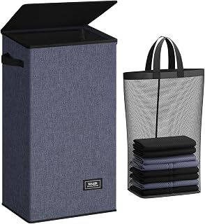 SOLEDI Laundry Basket with Lid Large Laundry Basket Collapsible Laundry Hamper Tall Clothes Baskets Folding Washing Bin Foldable Hamper Bags for Bedroom, Closet, Bathroom, College (Navy Blue 100L)