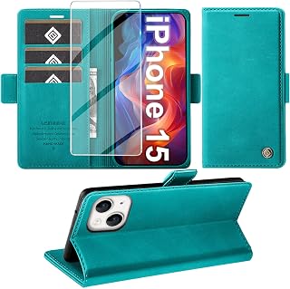 Giyer Cover for iPhone 15 Case with Tempered Glass, Premium PU Wallet RFID Card Slot Anti-Theft Function Stand Flip Case, Shockproof for iPhone 15 5G Cover (Cyan)