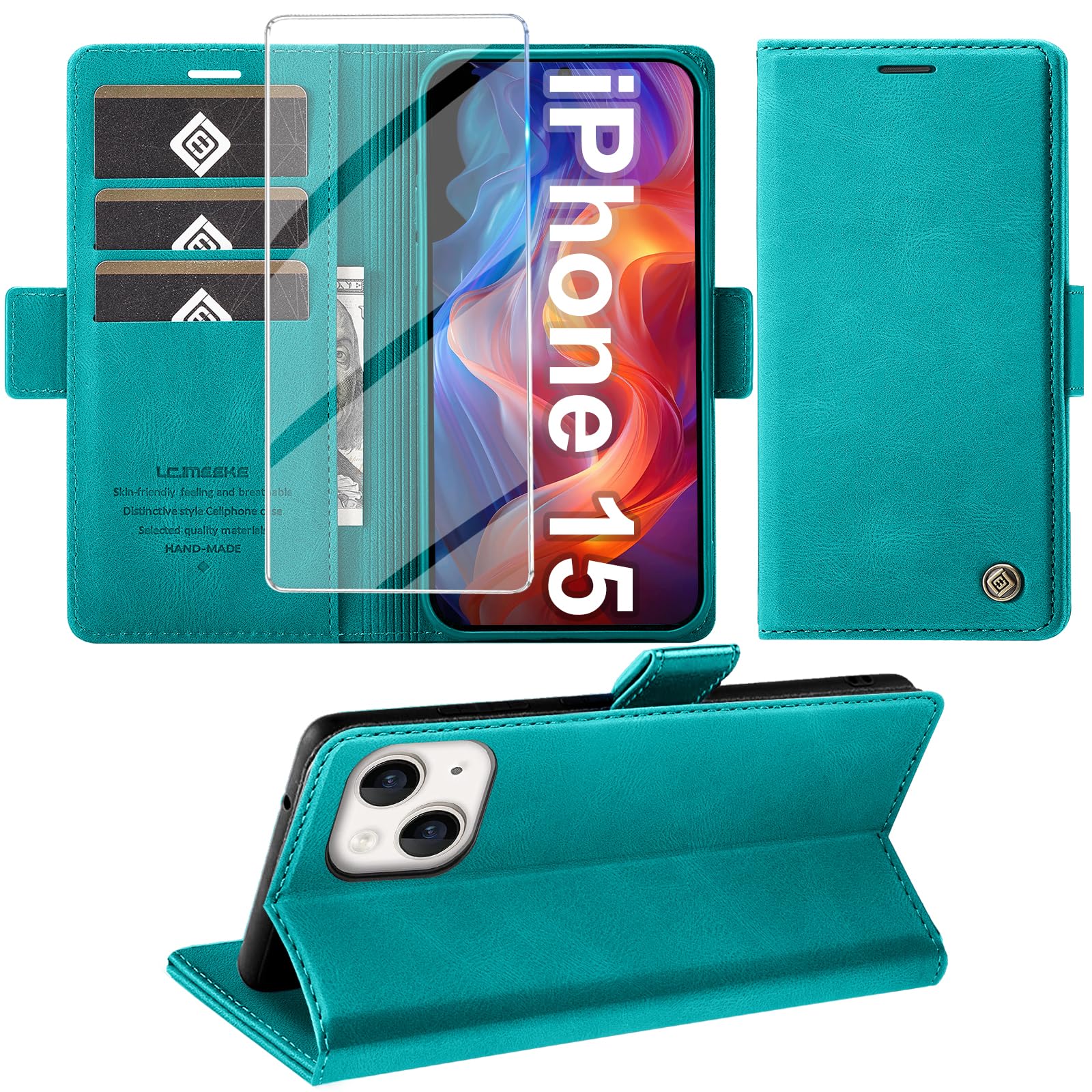 Giyer Cover for iPhone 15 Case with Tempered Glass, Premium PU Wallet RFID Card 