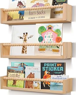 TUEGEGNS Nursery Book Shelves for Kids Rooms with Beads Set of 3,Wooden Floating Wall Bookshelves for Kids (Set of 3 Natural)