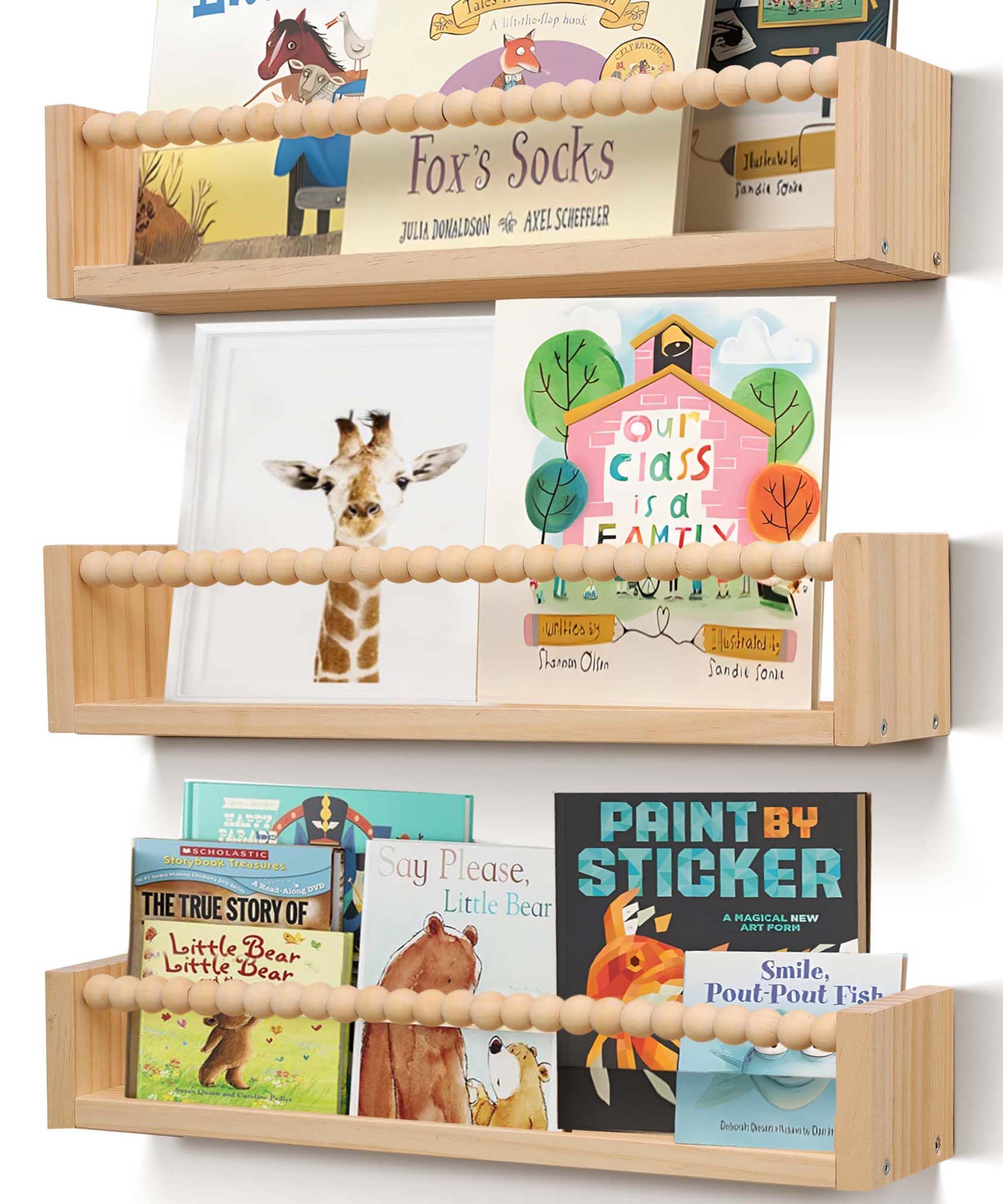 TUEGEGNS Nursery Book Shelves for Kids Rooms with Beads Set of 3,Wooden Floating