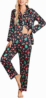 Ekouaer Ladies Satin Pyjamas Long Sleeve Button Down Nightwear V Neck Two Piece Set