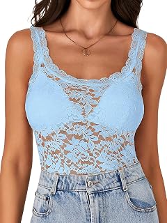 LYANER Women's Floral Lace Scallop Spaghetti Strap Sleeveless Sheer Tank Cami Top Blouse