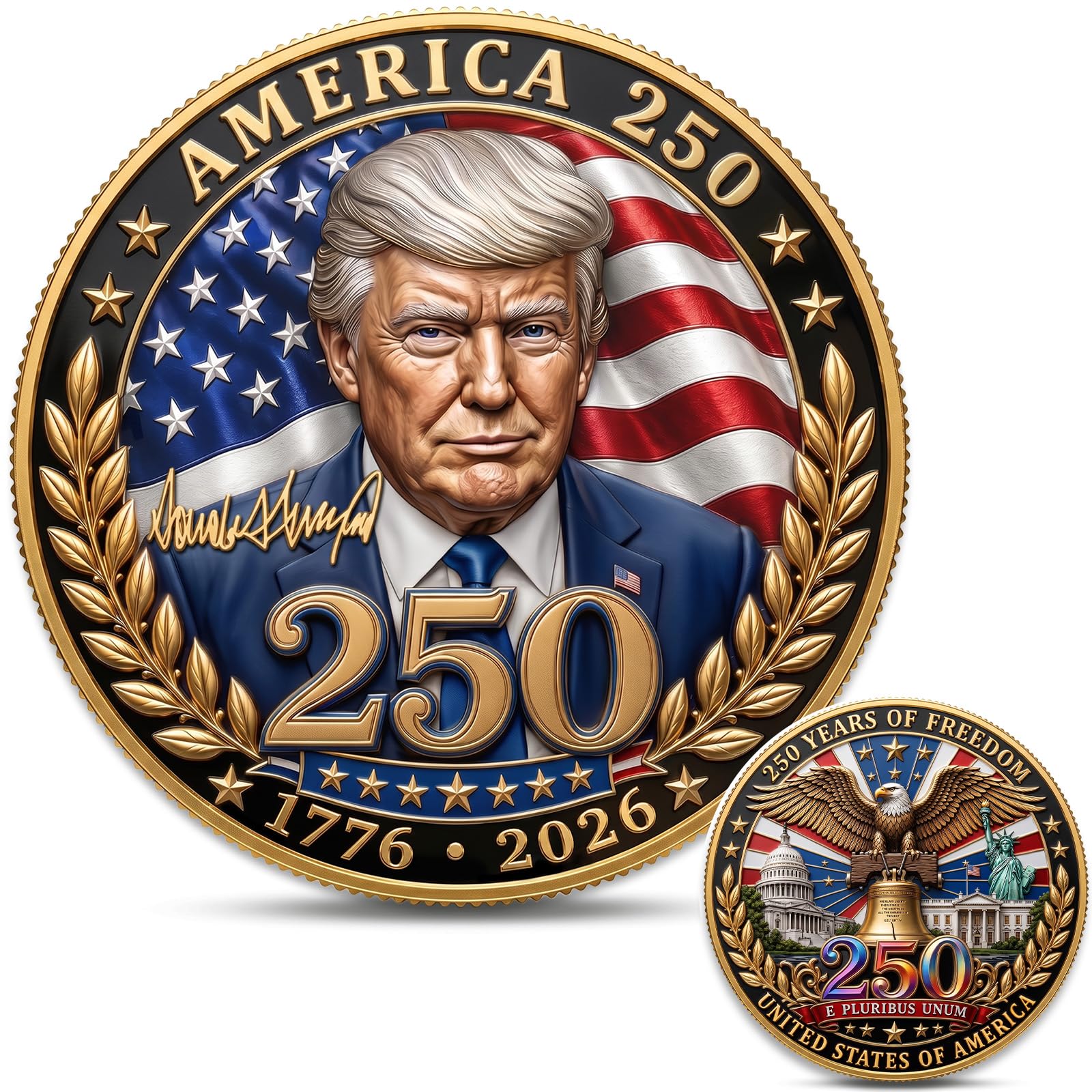 Trump America 250th Anniversary Challenge Coin, 1776-2026 Patriotic Token | Doub