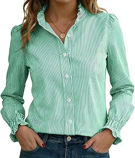Funlingo Women's Striped Button Down Shirts Long Sleeve Smocked Cuffed Ruffle Collar Blouses Spring Work Business Casual Tops