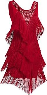 OMEWEE Women's Sleeveless Rhinestone Tassel Latin Fringed Gatsby Dress with Fringe Vintage Flapper Cocktail Party Latin Samba Salsa Cha