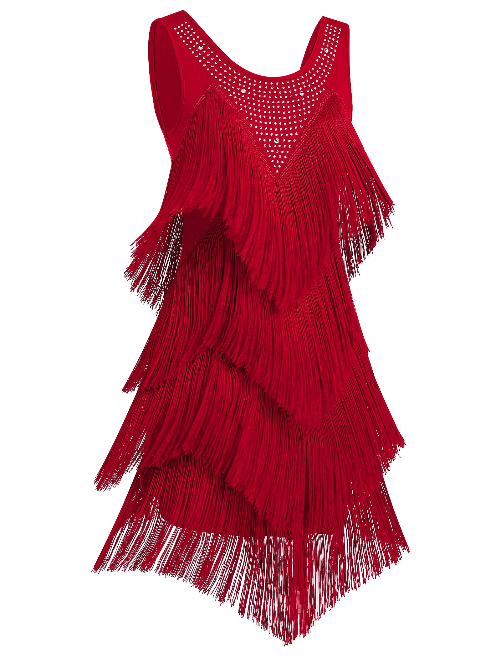 OMEWEE Women's Sleeveless Rhinestone Tassel Latin Fringed Gatsby Dress with Frin