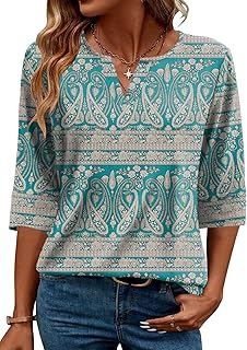 AKEWEI Women's Summer T-Shirt V-Neck 3/4 Sleeve Elegant Casual Basic Blouses