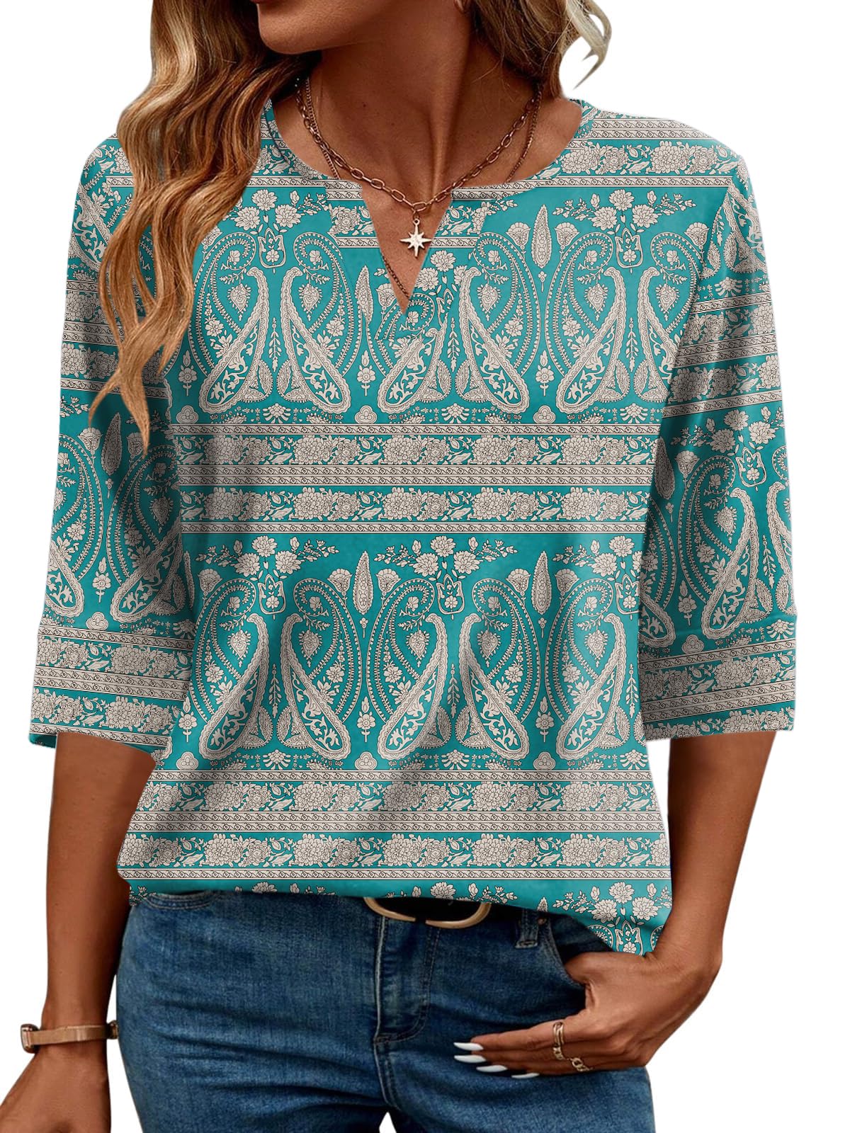 AKEWEI Women's Summer T-Shirt V-Neck 3/4 Sleeve Elegant Casual Basic Blouses