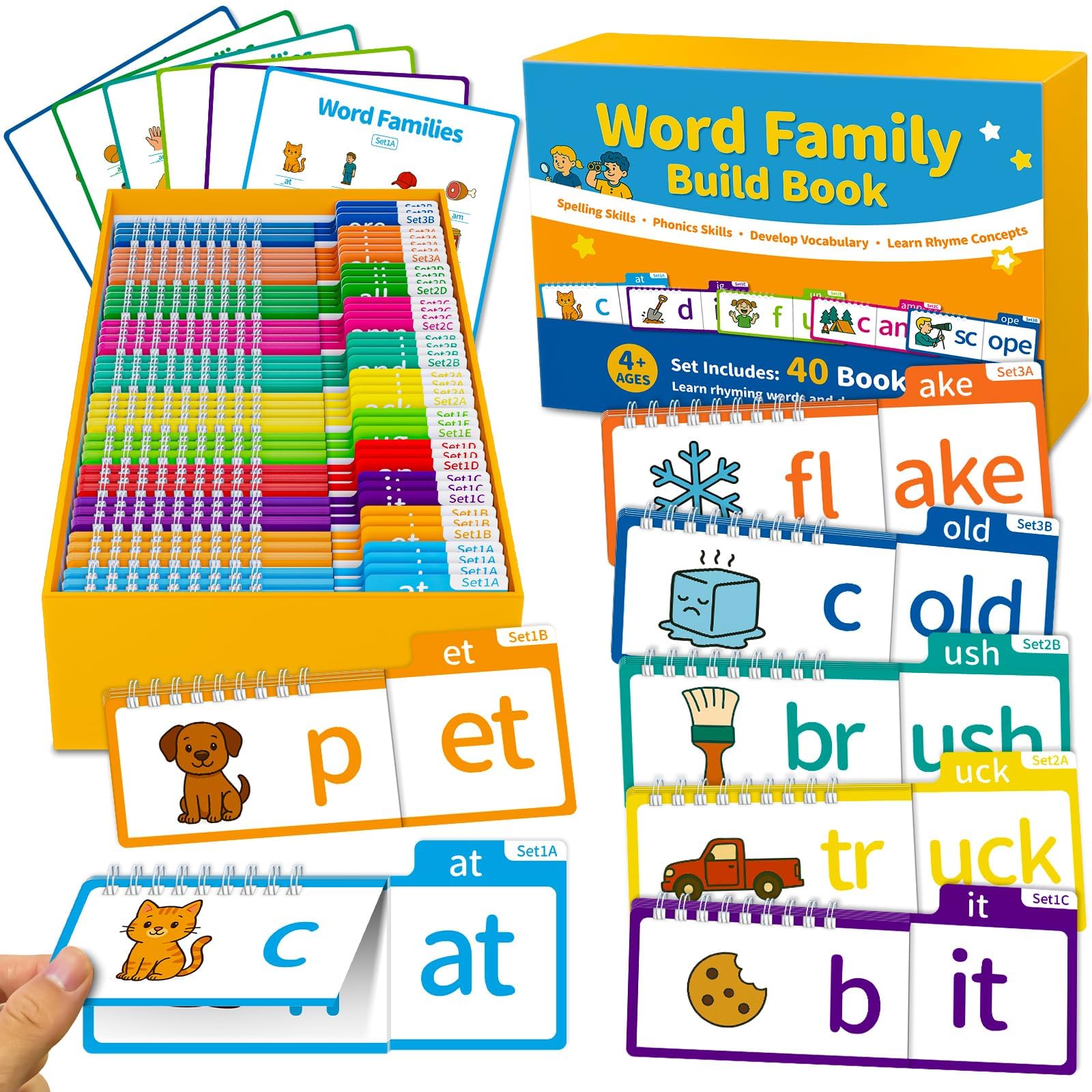 Sinoome Phonics Flash Cards & Word Family Build Book Fun Kids Flip Books | 40 Re