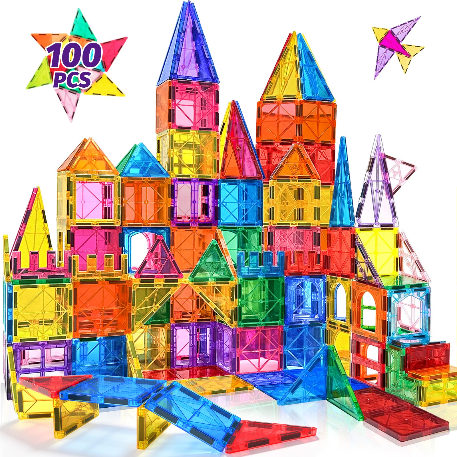 NVHH 100PCS Magnetic Tiles Blocks for Kids Ages 3-5 4-8 STEM Learning Toys | Edu