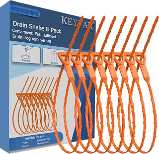 Drain Snake Hair Clog Remover, 8 Pack, 25 Inch Barbed Hook | Flexible Extended Hair Removal Tool for Sink, Shower, Tub, Toilet, Kitchen, Bathroom, Bathtub | Snags Deep Clogs And Hair