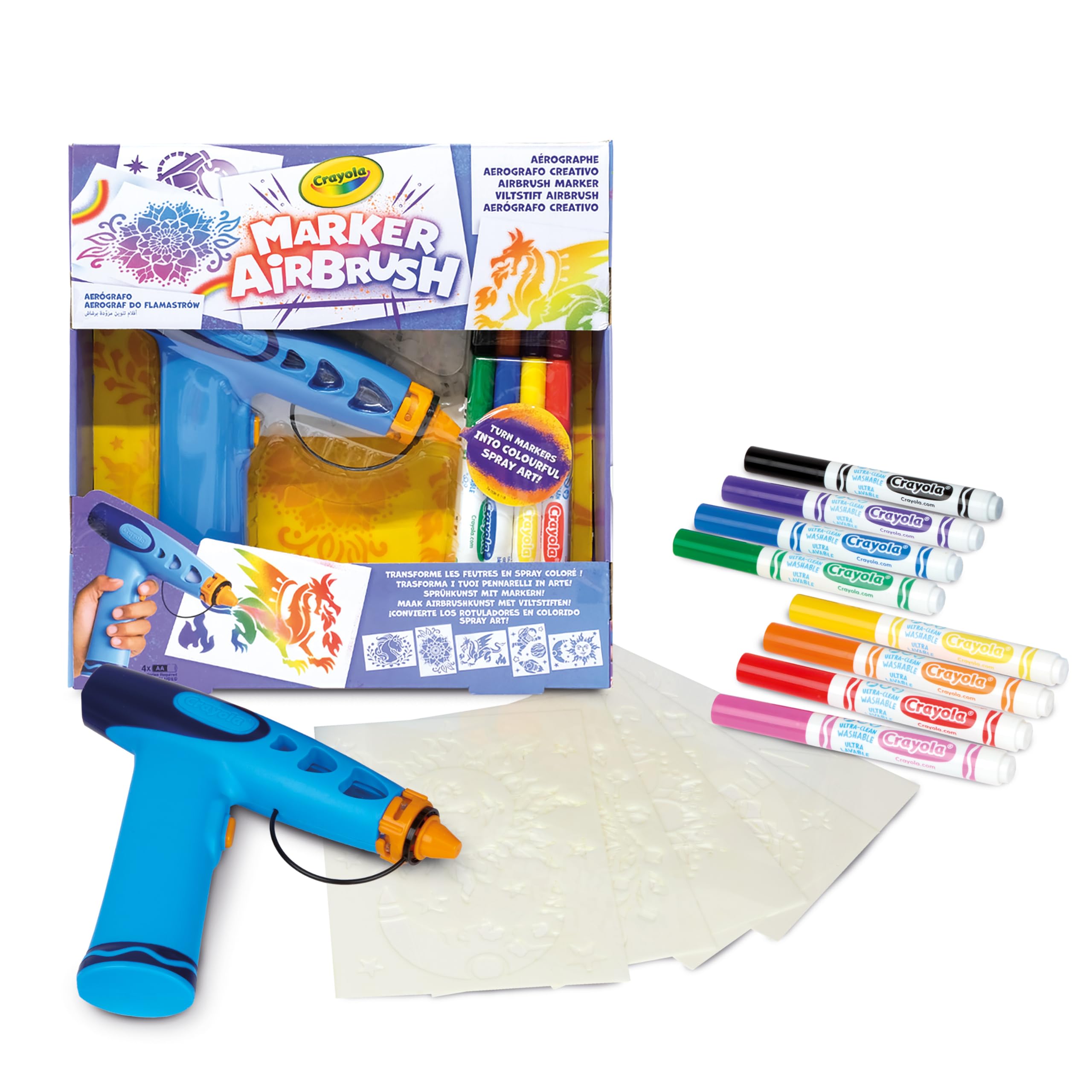 CRAYOLA Marker Airbrush Spray Art Kit, 8 Washable Colouring Pens 5 Stencils | Ar
