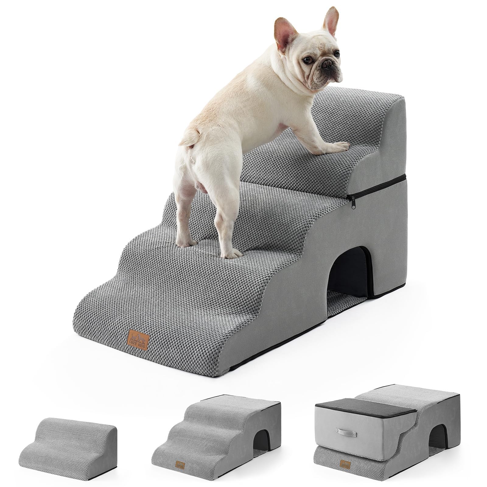 COZY KISS Extra Wide Small Dog Stairs with Tunnel, Pet Step for Bed, Grey