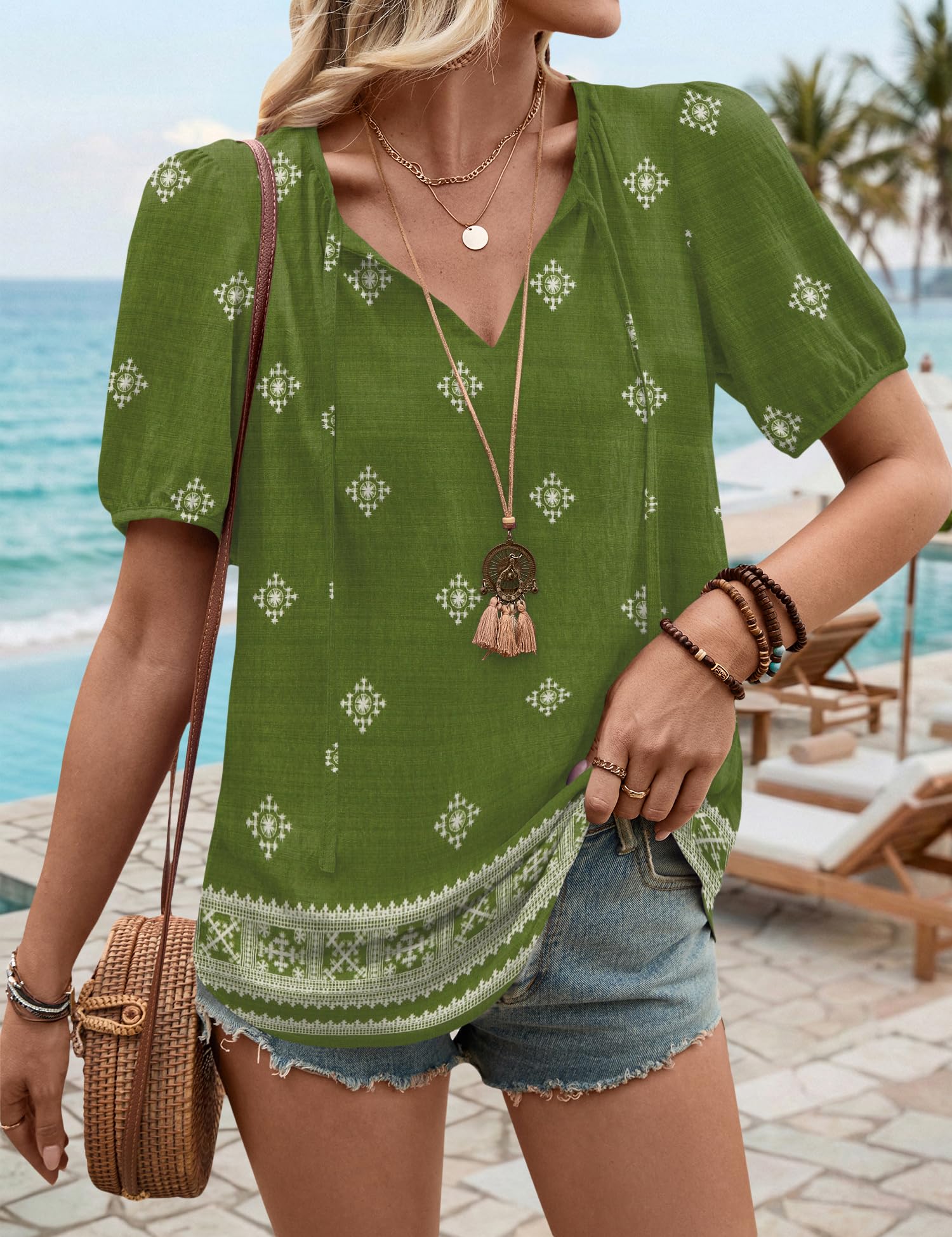 Women Summer Boho V Neck Tie Front Blouse Casual Puff Sleeve Loose Fit Flowy Top