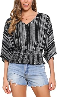 Allegra K Boho Top for Women's Chiffon Smocked Batwing Dolman Sleeve Blouse