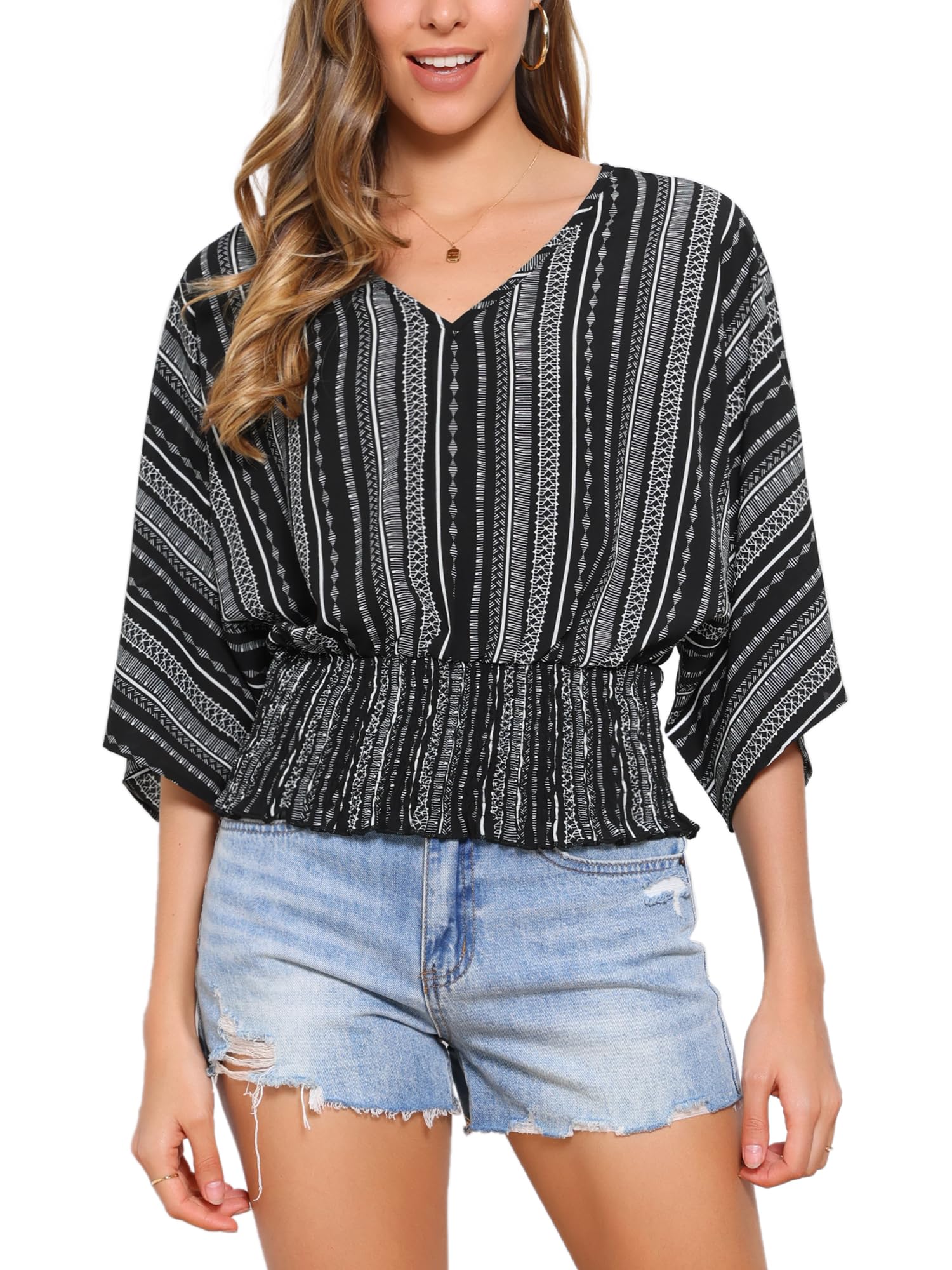 Allegra K Boho Top for Women's Chiffon Smocked Batwing Dolman Sleeve Blouse