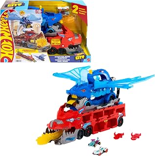 ​Hot Wheels City Ultimate Dual Dragon Transporter & 2 Die-Cast Cars | 2 Dragons: 1 Large-Scale that Transforms into a 2-lane Raceway & 1 Detachable, Plus 2 Toy Cars, Store 20+ Vehicles, JKJ79