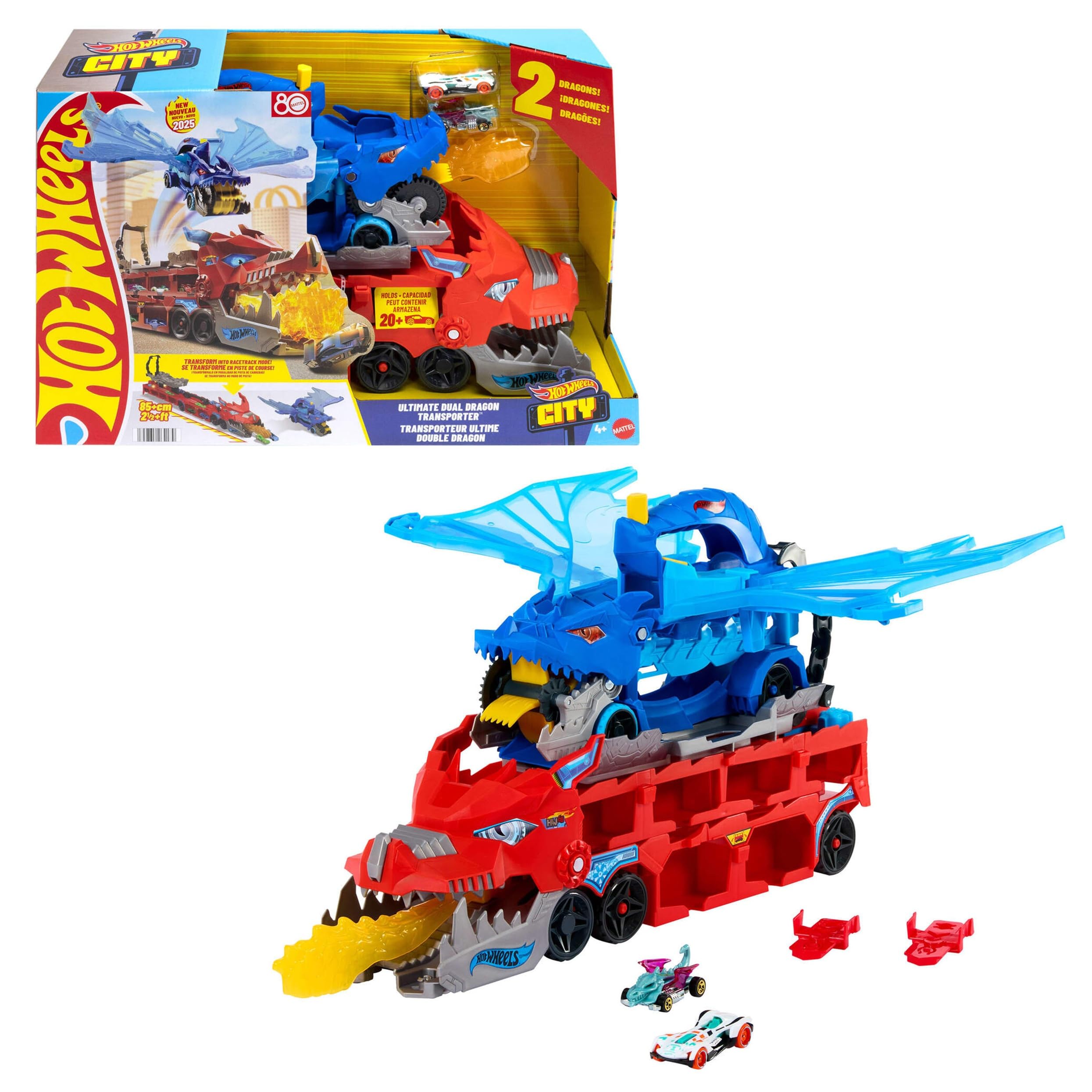 ​Hot Wheels City Ultimate Dual Dragon Transporter & 2 Die-Cast Cars | 2 Dragons: