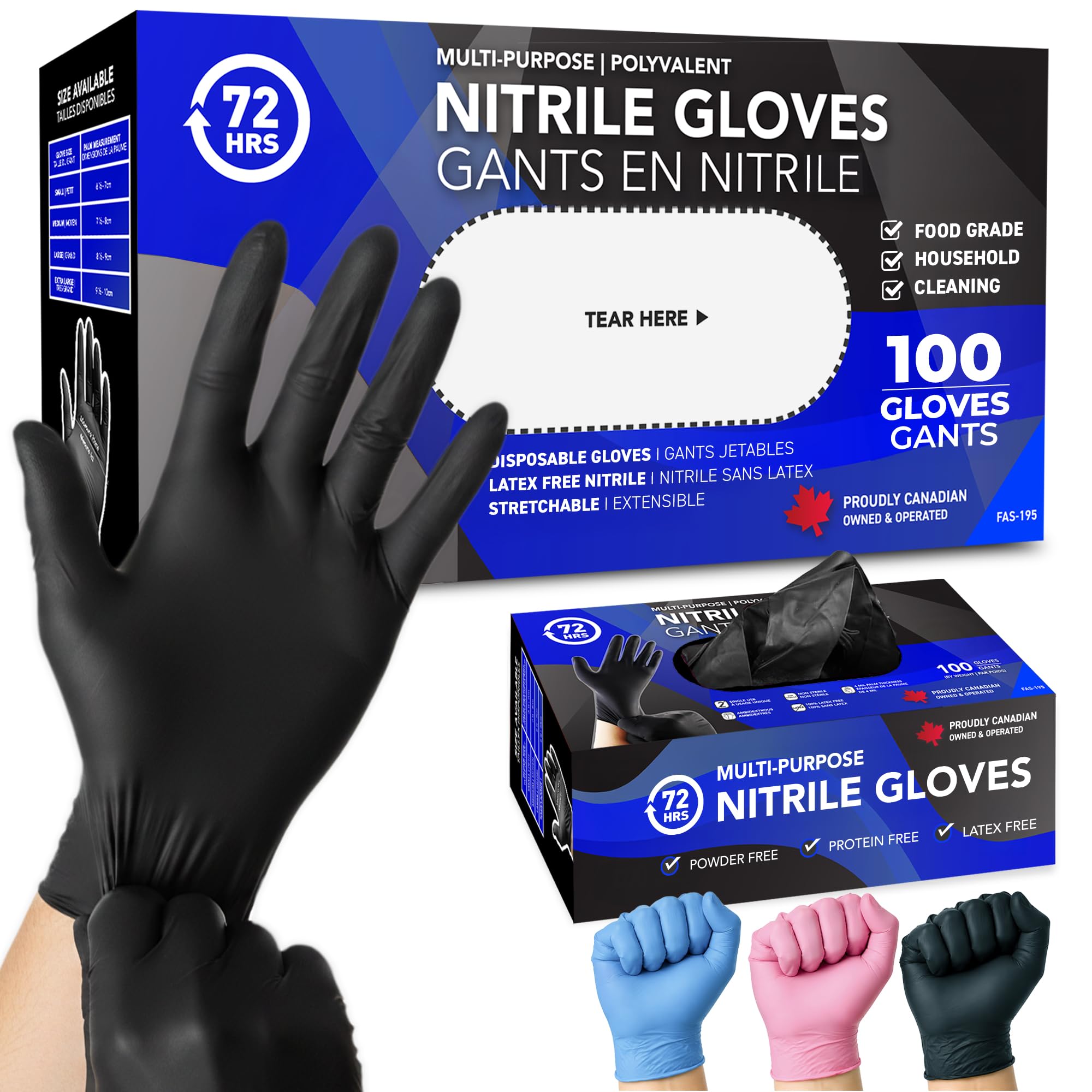 72HRS Nitrile Gloves - 4 Mil Disposable Gloves, Non Latex Gants Jetables | Food 