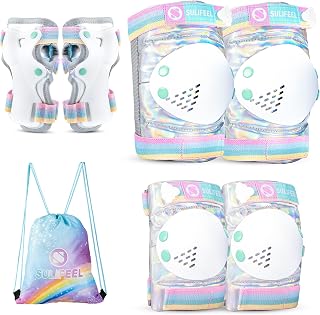 SULIFEEL Rainbow Unicorn Kids Protective Gear Set for Girls Boys | Shiny Knee Elbow Wrist Pads, Adjustable, Comes with Drawstring Storage Bag