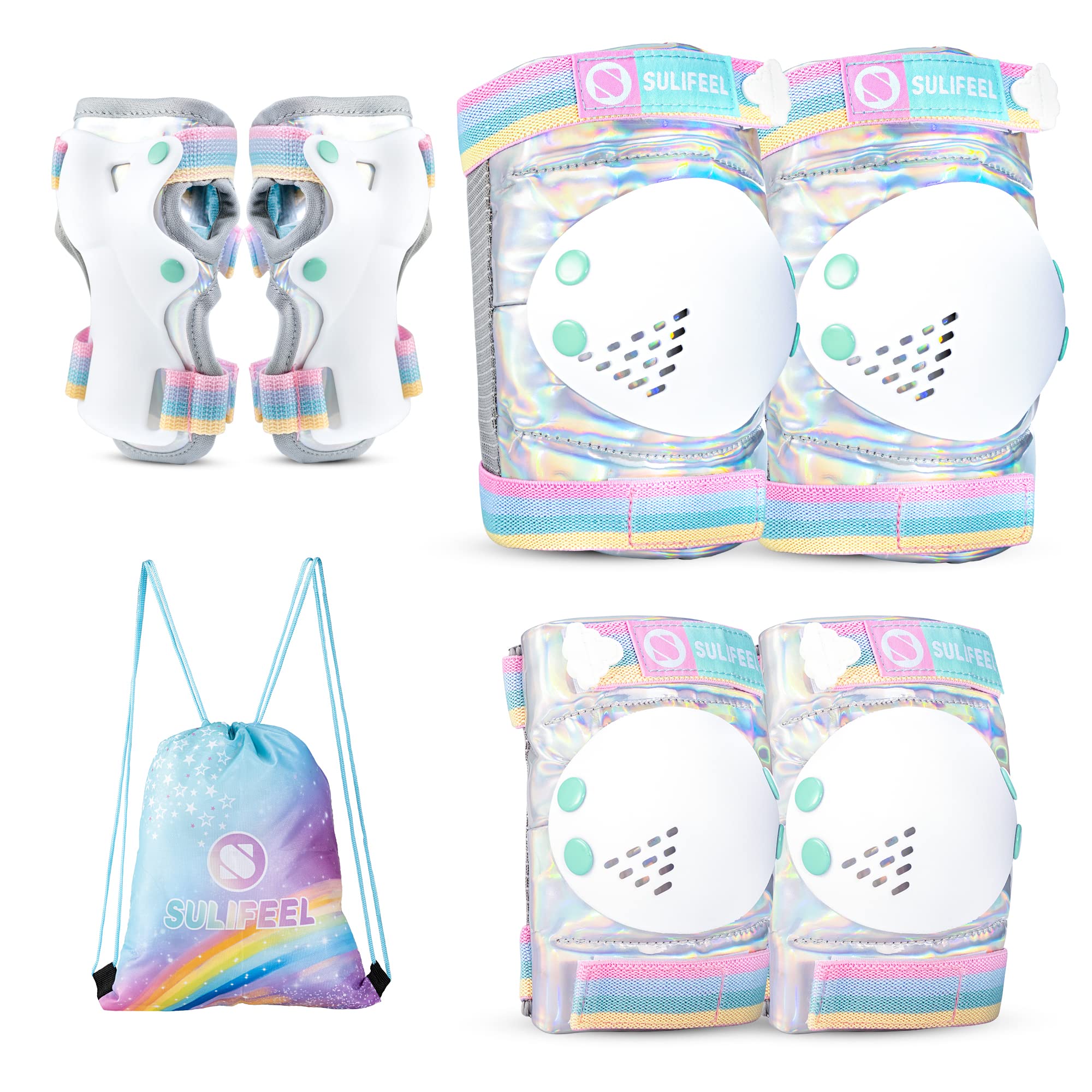 SULIFEEL Rainbow Unicorn Kids Protective Gear Set for Girls Boys | Shiny Knee El
