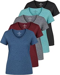 Real Essentials 5 Pack: Women's Dry-Fit Short Sleeve V Neck T Shirt Workout Fitness Yoga Top Tee (Available in Plus Size)