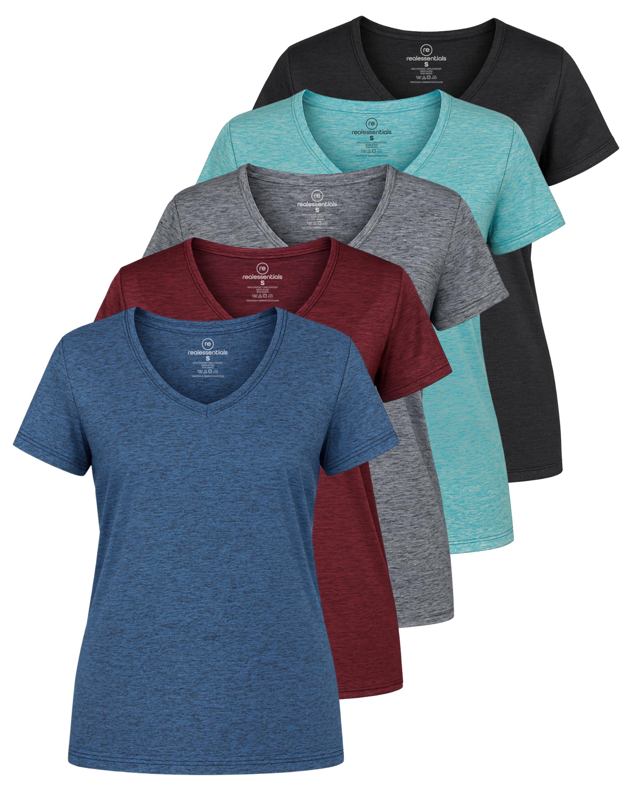 Real Essentials 5 Pack: Women's Dry-Fit Short Sleeve V Neck T Shirt Workout Fitn