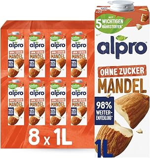 Alpro Almond Drink Without Sugar, 8 x 1 L, Durable, Source of Calcium and Vitamins, Sugar-Free, Gluten-Free, Low Fat, Lactose, Vegan and Dairy Free