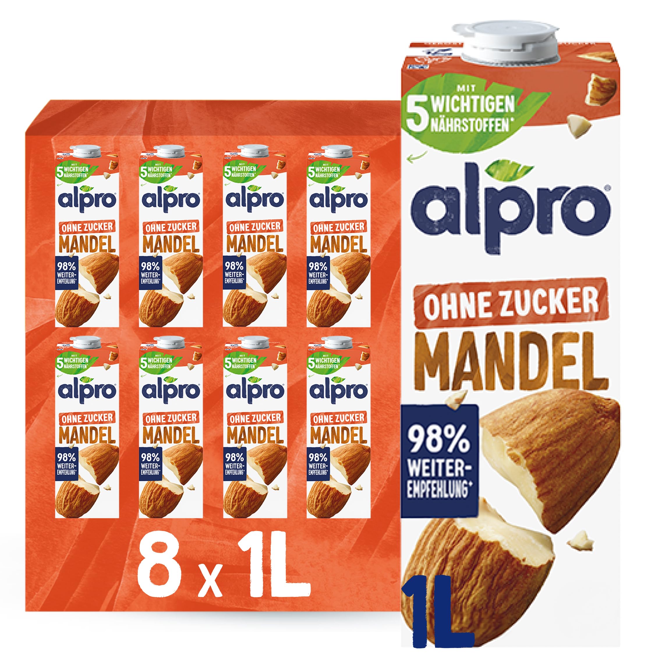 Alpro Almond Drink Without Sugar, 8 x 1 L, Durable, Source of Calcium and Vitami