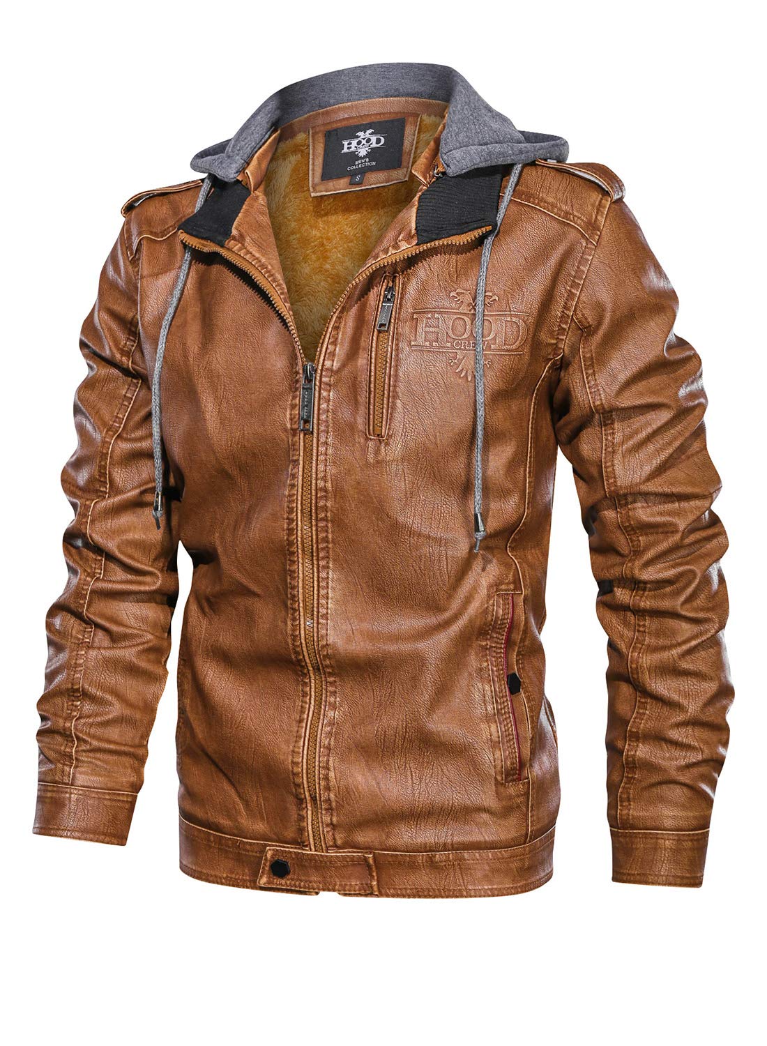 HOOD CREW Men’s Black Brown Coffee Stand Collar Warm PU Faux Leather Zip-Up Moto