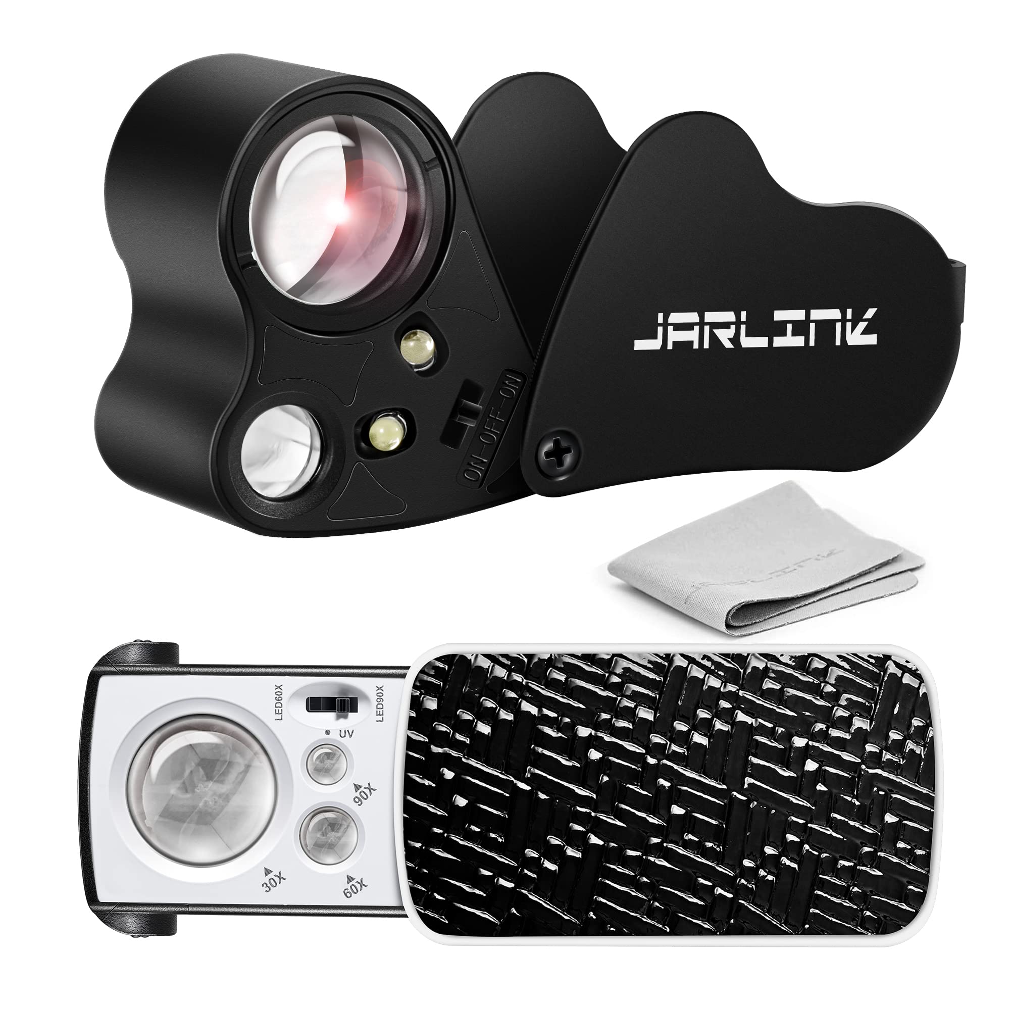 JARLINK 2 Pack 30X 60X 90X Illuminated Jewelers Loupe | Foldable Magnifier with 