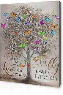 Qiukoo Framed Canvas Wall Art – Memorial Tree and Butterfly Artwork, Waterproof Modern Print with Hook, Wall Decoration for Living Room, Bedroom Pictures for Wall or Prints for Walls – 12x16 Inch