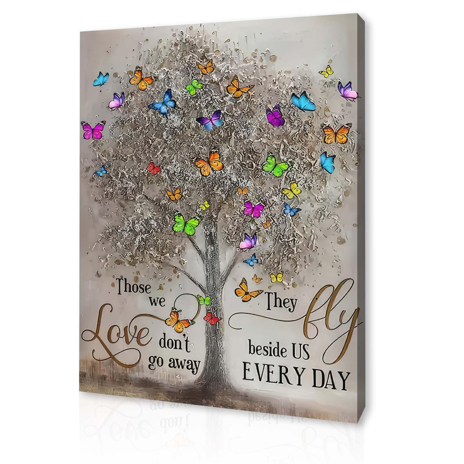 Qiukoo Framed Canvas Wall Art – Memorial Tree and Butterfly Artwork, Waterproof 