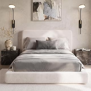 Full Size Cloud Bed Frame, White Upholstered Platform Bed Frame, Bed Base