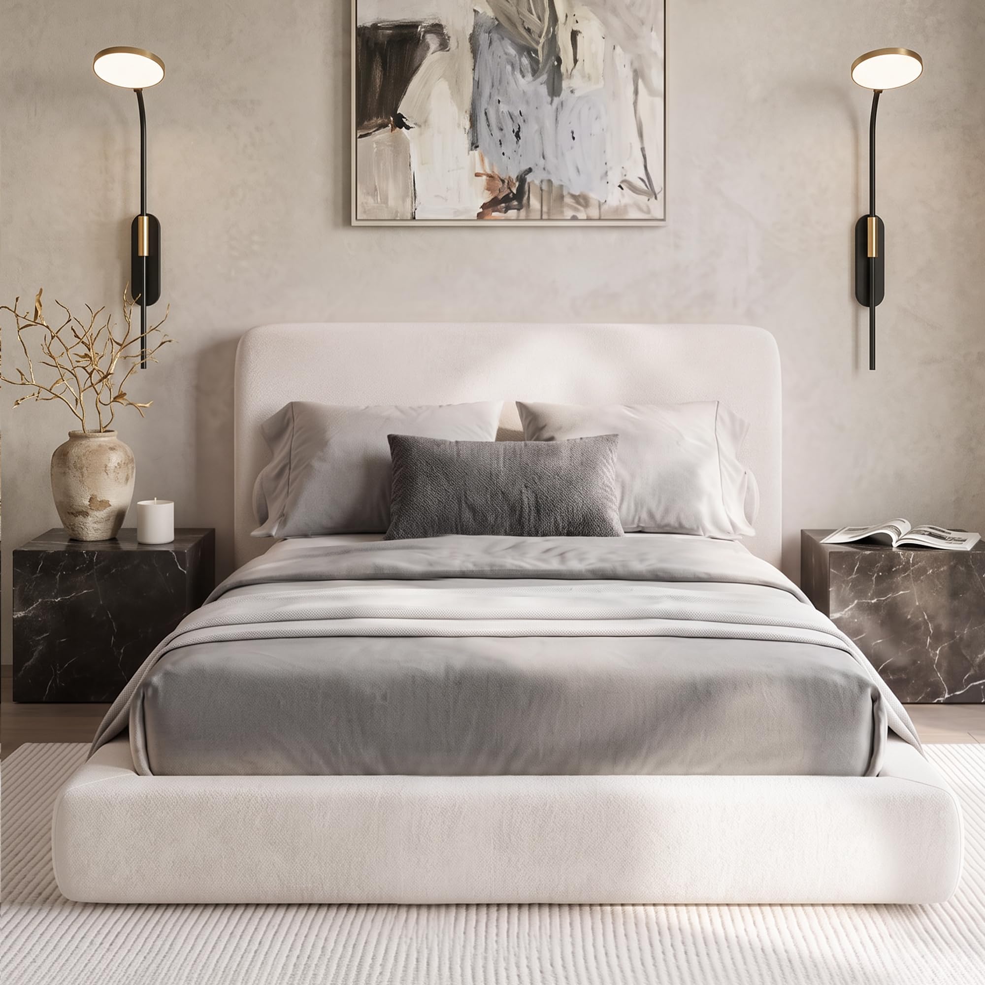 Full Size Cloud Bed Frame, White Upholstered Platform Bed Frame, Bed Base