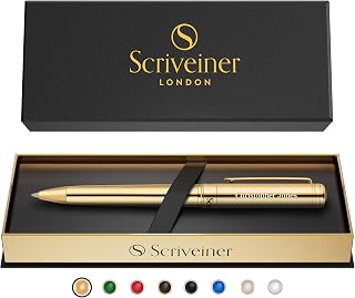 Scriveiner Personalised Pen Gold Ballpoint - Stunning Luxury Pen, Real Gold Plating, Schmidt Ink Refill, Best Engraved Ball Point Gift Set for Men & Women, Custom Name Engraving