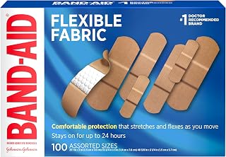 BAND-AID Brand Flexible Fabric Adhesive Bandages, Assorted Sizes, 100 Count | Comfortable Protection, Sterile Wound Care for Minor Cuts, Scrapes & Burns, First Aid Kit Essential, Non-Stick Hurt-Free Pad