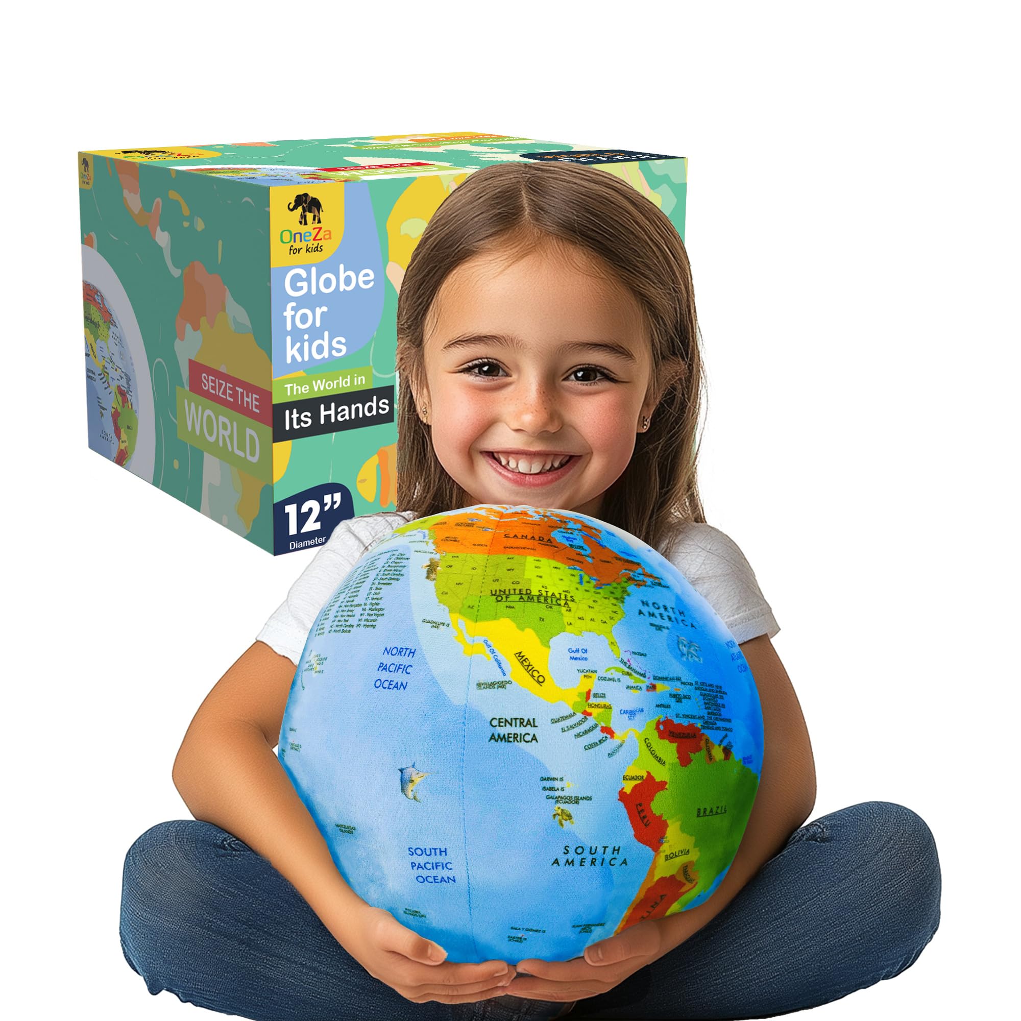 OneZa 12" Soft World Globe for Kids, Hands-On Geography | Playfully Colored with